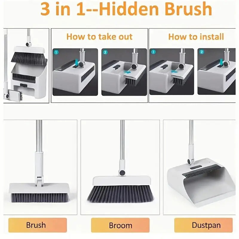 ALIFEX 3-in-1 Space-Saving Folding Broom & Dustpan Set