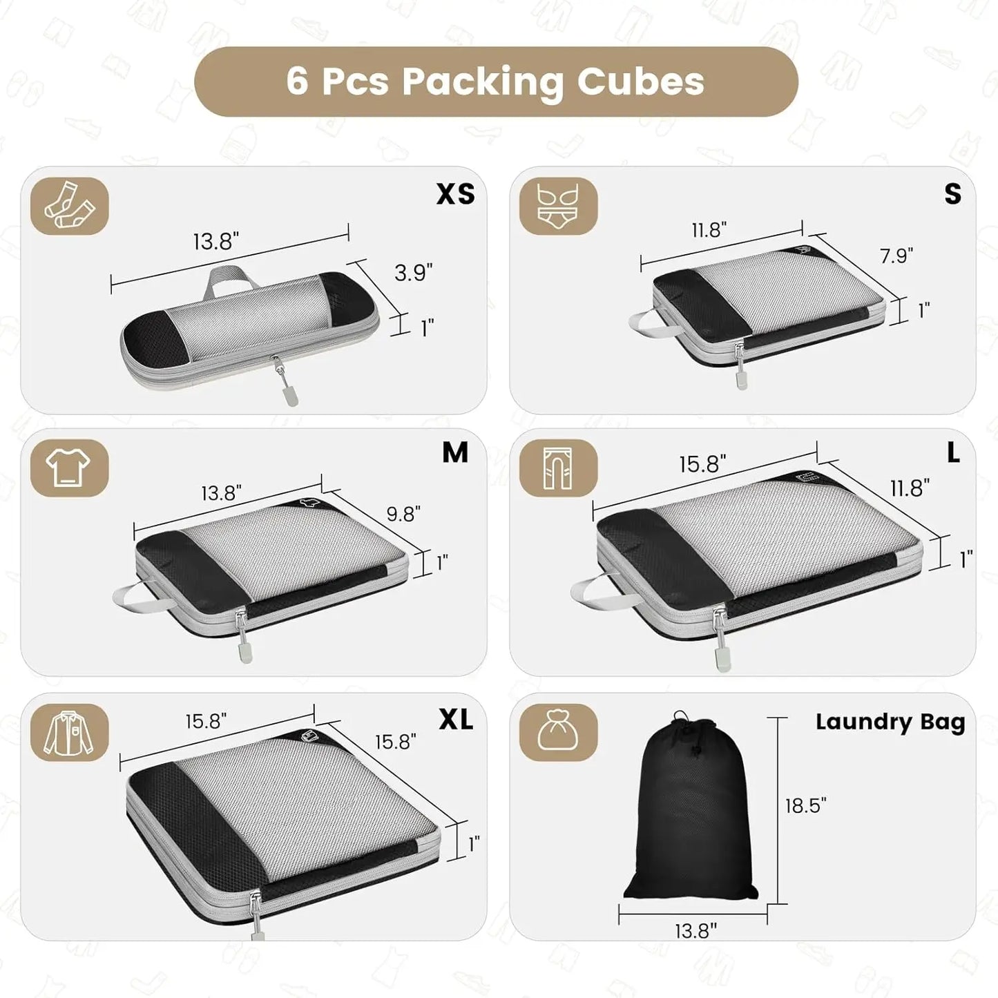 Premium 5 Pcs Travel Compressed Packing Cubes Set